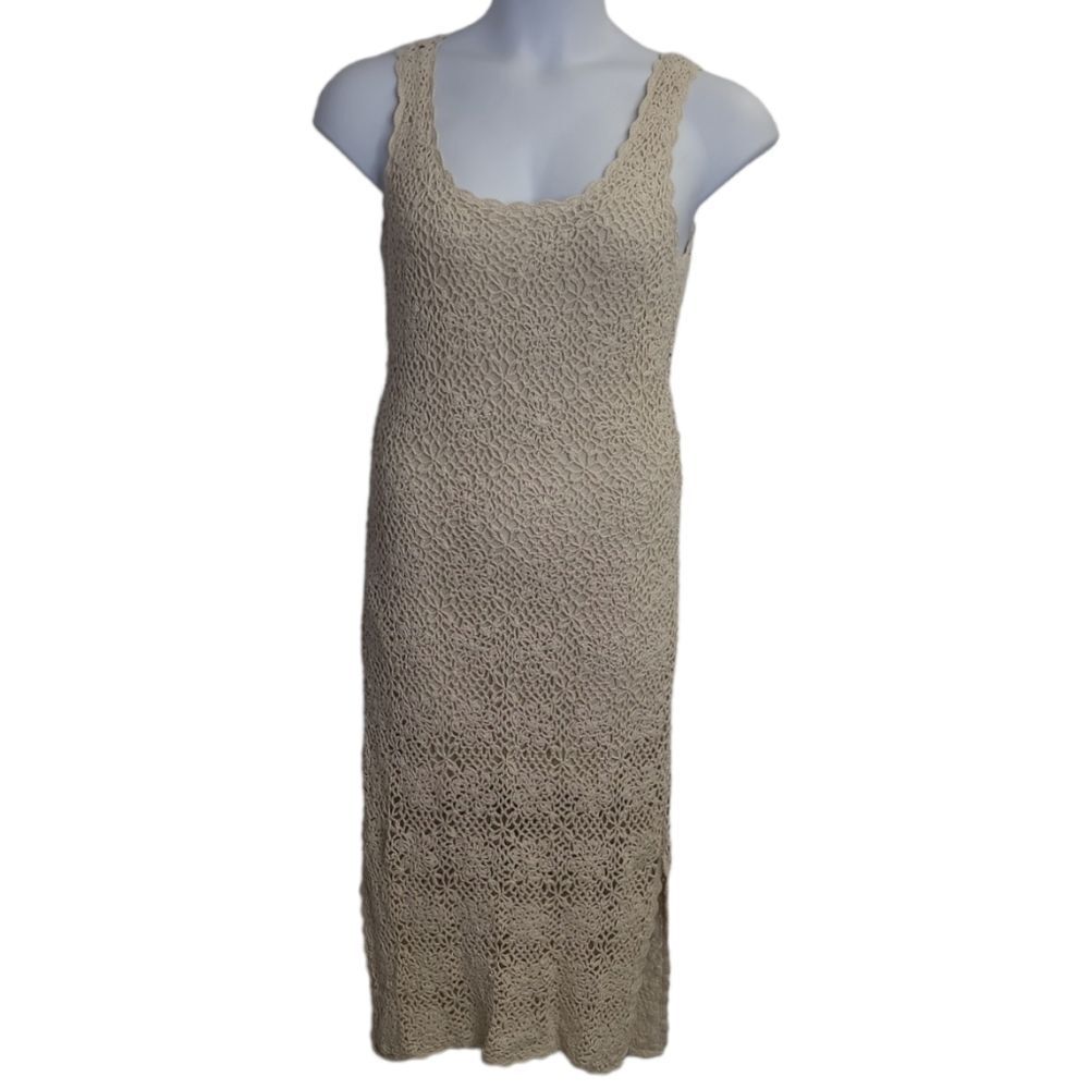 VINTAGE 90s cream crochet festival boho‎ hippie midi dress S